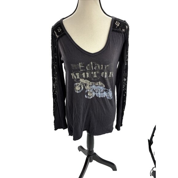 We The Free Womens XS Black Long Sleeve Graphic Top Lace Inset Boho Motorcycle - Picture 1 of 6
